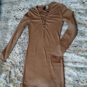 Camel Color Long Sleeve Bodycon V-Cut Club Dress